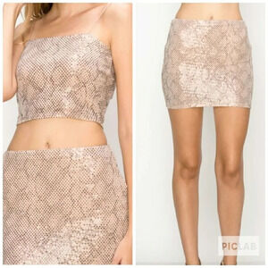 Snakeskin Metallic Sequin Crop Top and Mini Skirt
